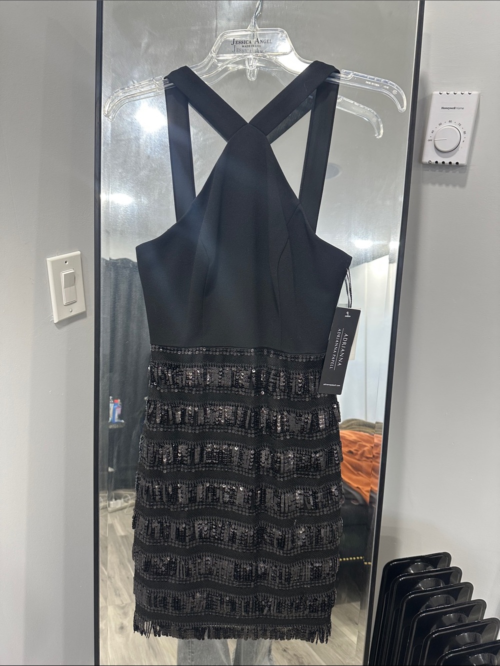 Adrianna Papell Black Sequin Fringe Mini Dress
